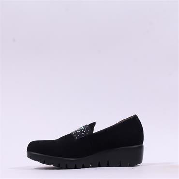 Wonders Sparkle Stud Band Wedge Shoe - Black Suede